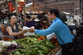 Vận động các tiểu thương ở chợ Bến Tre sử dựng túi nilon phân hủy, thân thiện với môi trường. (Ảnh: Huỳnh Phúc Hậu/TTXVN)