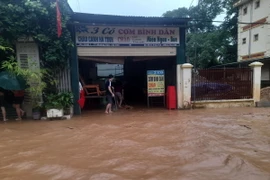 Nhiều nhà dân và các cơ quan đơn vị tại khối 1 thị trấn Mường Xén, huyện Kỳ Sơn (Nghệ An) bị chia cắt do nước lũ chảy xiết. (Ảnh: TTXVN phát)