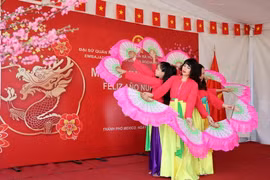 Tiết mục múa quạt do các cán bộ, phu nhân và con em các cơ quan đại diện biểu diễn. (Ảnh: Phi Hùng/ TTXVN)