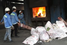 Xử lý chất thải tại Công ty Thiên Thanh. (Ảnh: Công Phong/TTXVN)