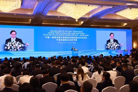 Thủ tướng Phạm Minh Chính phát biểu tại Hội nghị hợp tác Việt Nam-Trung Quốc về phát triển hạ tầng chiến lược giao thông. (Ảnh: Dương Giang/TTXVN)