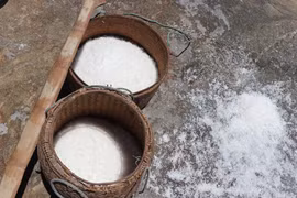 Muối kết tinh trên đá . (Ảnh: Phạm Cường/TTXVN)