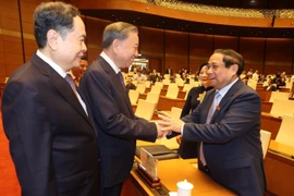 Tổng Bí thư, Chủ tịch nước Tô Lâm và Thủ tướng Phạm Minh Chính, Chủ tịch Quốc hội Trần Thanh Mẫn dự Kỳ họp bất thường lần thứ 8, Quốc hội khóa XV. (Ảnh: Trí Dũng/TTXVN)