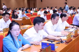 Đại biểu biểu quyết về việc tán thành chủ trương sắp xếp đơn vị hành chính cấp huyện, cấp xã giai đoạn 2023-2025 của thành phố Hà Nội. (Ảnh: Văn Điệp/TTXVN)
