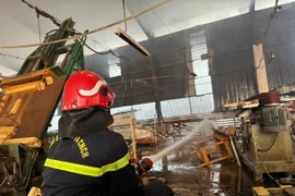 Lực lượng chức năng nỗ lực dập lửa tại công ty bị cháy. (Ảnh: TTXVN phát)