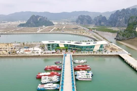 Tại cảng tàu khách quốc tế Ao Tiên, du khách được vận động để lại rác thải nhựa (chai lọ, cốc, túi nilon) ngay tại khu vực tập kết tại các cổng xuất bến ra đảo Vân Đồn .(Ảnh: TTXVN phát)