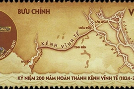 Mẫu tem "Kỷ niệm 200 năm hoàn thành kênh Vĩnh Tế (1824 - 2024)", do họa sỹ Nguyễn Du của Tổng công ty Bưu điện Việt Nam thiết kế. (Ảnh: VNP)