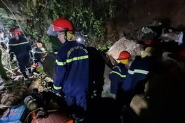 Việc cứu nạn, cứu hộ gặp nhiều khó khăn do vị trí hang động bị sập có địa hình hiểm trở. (Ảnh: Nguyễn Công Hải/ TTXVN)