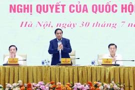 Thủ tướng Phạm Minh Chính chủ trì Hội nghị quán triệt, triển khai thi hành một số Luật, Nghị quyết của Quốc hội khóa 15. (Ảnh: Dương Giang/TTXVN)