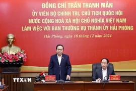 Chủ tịch Quốc hội Trần Thanh Mẫn phát biểu tại buổi làm việc với Ban Thường vụ Thành ủy Hải Phòng. (Ảnh: Doãn Tấn/TTXVN)