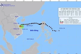 Hướng di chuyển của áp thấp nhiệt đới, cập nhật lúc 16 giờ, ngày 27/10. (Ảnh: TTXVN phát)