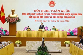 Phó Thủ tướng Trần Lưu Quang chủ trì Hội nghị Tổng kết công tác năm 2023, triển khai nhiệm vụ năm 2024 của Ban Chỉ đạo phòng, chống tội phạm của Chính phủ và Ban Chỉ đạo Quốc gia chống buôn lậu, gian lận thương mại và hàng giả. (Ảnh: Lâm Khánh/TTXVN)