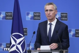 Tổng thư ký NATO Jens Stoltenberg phát biểu trong một cuộc họp báo ở Brussels, Bỉ. (Ảnh: EPA/TTXVN)