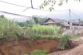 Hố sụt lún với chiều dài hơn 12m, chiều sâu gần 20m. (Ảnh: Bùi Đức Hiếu/TTXVN)