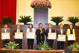 Phó Chủ tịch Quốc hội Tòng Thị Phóng trao Giấy khen cho các Chi bộ đạt tiêu chuẩn "Tổ chức cơ sở Đảng trong sạch, vững mạnh” tiêu biểu năm 2015. (Ảnh: An Đăng/TTXVN)