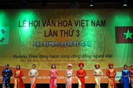 Màn trình diễn áo dài tại lễ hội. (Ảnh: Phạm Duy/Vietnam+)