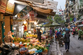 Từ sáng sớm trong ngày Rằm tháng Giêng (24/2/2024), chợ Hàng Bè, phố Gia Ngư (quận Hoàn Kiếm, Hà Nội) tấp nập người mua gà, xôi chè, giò, đồ lễ,... (Ảnh: Minh Sơn/Vietnam+) 