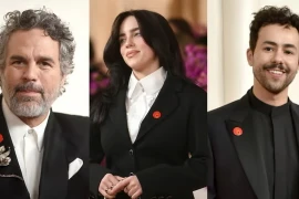 Các diễn viên Mark Ruffalo, Billie Eilish và Ramy Youssef đeo ghim “Ngừng bắn” khi xuất hiện trên thảm đỏ Oscar 2024. (Ảnh: AP)