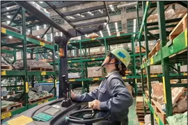 Một nữ công nhân Hàn Quốc đang vận hành máy xếp hàng tại một nhà kho. (Nguồn: koreatimes)