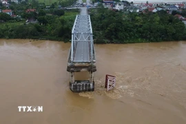 Cầu Phong Châu (Phú Thọ) bị sập, sáng 9/9. Một trụ và hai nhịp của cây cầu đã bị nước lũ cuốn. (Ảnh: Tạ Toàn/TTXVN)