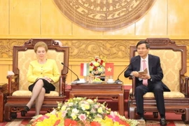 Ông Đoàn Minh Huấn, Ủy viên Trung ương Đảng, Bí thư Tỉnh ủy Ninh Bình và bà Márta Mátrai tại buổi tiếp. (Ảnh: Đức Phương/TTXVN)