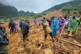 Lực lượng cứu hộ, vẫn đang tích cực đào bới đất tìm kiếm nạn nhân mất tích ở địa điểm xóm Lũng Lỳ, xã Ca Thành. (Ảnh: Quốc Đạt/TTXVN)