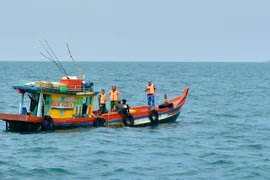 Lực lượng chức năng thực hiện nhiệm vụ tuần tra, kiểm tra hoạt động của tàu cá trên vùng biển Cà Mau. (Ảnh: TTXVN phát)