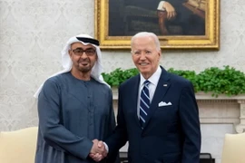 Tổng thống Mỹ Joe Biden và người đồng cấp UAE Sheikh Mohamed bin Zayed al-Nahyan trong cuộc gặp song phương tại Phòng Bầu dục của Nhà Trắng ở Washington, DC. (Ảnh: AFP)