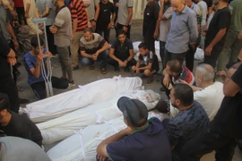 Nỗi đau mất người thân trong vụ không kích của Israel nhằm vào một trường học ở Daraj, Dải Gaza. (Ảnh: THX/TTXVN)