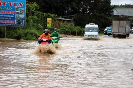 Mưa to gây ngập úng tại Quốc lộ 2 tại Tuyên Quang. (Ảnh: Vũ Quang/TTXVN)
