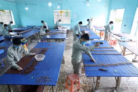 Đan chiếu tre – một hoạt động lao động trị liệu của các học viên tại Cơ sở cai nghiện ma túy tỉnh Lạng Sơn. (Ảnh: Anh Tuấn/TTXVN)