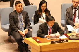 Phái đoàn đại diện thường trực Việt Nam tại Liên hợp quốc tham dự phiên thảo luận của Hội đồng Bảo an Liên hợp quốc. (Ảnh: Hữu Thanh/TTXVN)