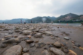 Hình ảnh lòng sông Đà ở Hòa Bình cạn nước trơ đầy sỏi đá