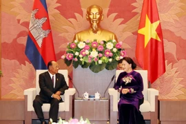 Chủ tịch Quốc hội Nguyễn Thị Kim Ngân đón, hội đàm với Chủ tịch Quốc hội Vương quốc Campuchia. (Ảnh: Trọng Đức/TTXVN)
