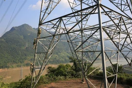 Công nhân Công ty Truyền tải Điện 1 bảo dưỡng đường dây 500kV Lai Châu-Sơn La. (Ảnh: Ngọc Hà/TTXVN)