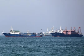 Tàu chở hàng tại khu vực vùng Vịnh, ngoài khơi thành phố cảng Bandar Abbas của Iran, một vị trí chiến lược ở Eo biển Hormuz. (Ảnh: AFP/TTXVN)