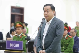 Bị cáo Phan Văn Anh Vũ (sinh năm 1975, Chủ tịch Hội đồng quản trị Công ty cổ phần Xây dựng 79, Công ty cổ phần Bắc Nam 79, Công ty trách nhiệm hữu hạn I.V.C, Công ty cổ phần đầu tư Nhất Gia Phúc) nói lời sau cùng trước khi tòa tuyên án. (Ảnh: Doãn Tấn/TTX