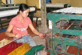 Lao động của hợp tác xã đang dệt chiếu cói bằng máy. (Ảnh: Viết Ý/TTXVN)
