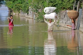 Cảnh ngập lụt ở Minbu, vùng Magway. (Nguồn: THX/TTXVN)