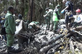Nhân viên cứu hộ Indonesia tại khu vực máy bay rơi. (Nguồn: AFP/TTXVN)