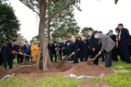Tổng Bí thư, Chủ tịch nước Nguyễn Phú Trọng trồng cây lưu niệm tại Khu Di tích Hoàng Thành Thăng Long. (Ảnh: Phương Hoa/TTXVN)