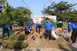 Các đoàn viên, thanh niên xã Hòa An, thành phố Cao Lãnh, Đồng Tháp bắt tay thực hiện mô hình bãi rác vườn hoa. (Ảnh: Chương Đài/TTXVN)