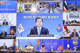 Tổng thống Hàn Quốc Moon Jae-in phát biểu. (Ảnh: Thống Nhất/TTXVN)