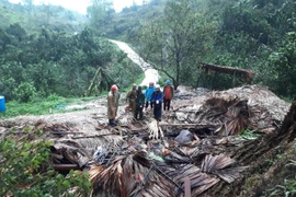Do mưa đá, giông lốc khiến căn nhà sàn 4 gian ở của gia đình ông Lý Văn Phúc, thôn Thượng, xã Vĩ Thượng, huyện Quang Bình (Hà Giang) bị sập đổ hoàn toàn. (Ảnh: Minh Tâm/TTXVN)