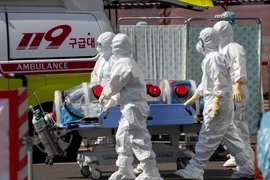 Nhân viên y tế chuyển bệnh nhân nhiễm COVID-19 tới bệnh viện ở Daegu, Hàn Quốc, ngày 4/3. (Ảnh: THX/TTXVN)