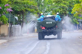 Phun khử khuẩn trên các tuyến đường quận Sơn Trà (Đà Nẵng). (Ảnh: Trần Lê Lâm/TTXVN)