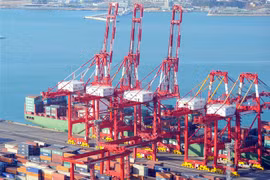 Container hàng hóa được xếp tại cảng ở Busan, Hàn Quốc. (Ảnh: AFP/TTXVN)
