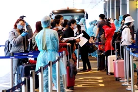 Công dân Việt Nam từ Frankurt (Đức) trở về nước đang làm thủ tục tại Sân bay Vân Đồn. (Ảnh: TTXVN phát)