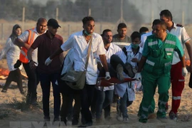 Chuyển người biểu tình Palestine bị thương tại khu vực biên giới Gaza - Israel ngày 3/8. (Ảnh: AFP/TTXVN)