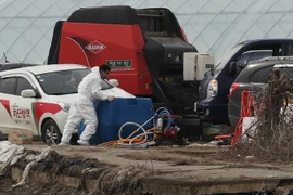 Nhân viên kiểm dịch phong tỏa lối vào một trang trại bò sữa nhằm cách ly dịch bệnh tại Yeoncheon ngày 8/2. (Nguồn: YONHAP/TTXVN)